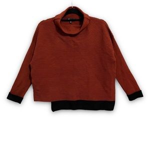3 Sisters Asymmetrical Knit Turtleneck Sweater Ribbed Burnt Orange Black L